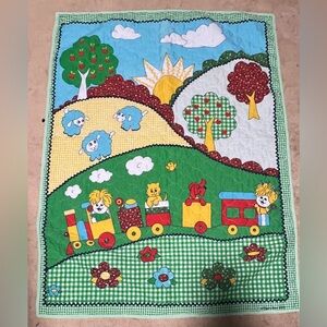 Vintage 1960's-70's Baby Quilt / Blanket Train  44" X 35.5"